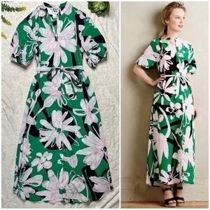 Anthropologie Two Whit Mareta Floral Midi Dress in Green Pink Size Small Petite